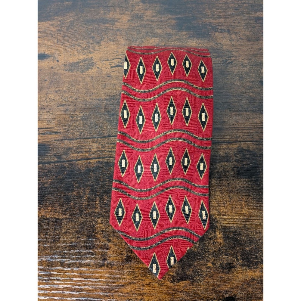 Vintage‎ JZ Richards Silk Tie 60" Red Black Diamond Abstract Style Geometric